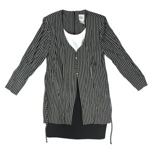 TR Bentley Vintage Striped Layered Look Dress Black Grey Gold Button 128H